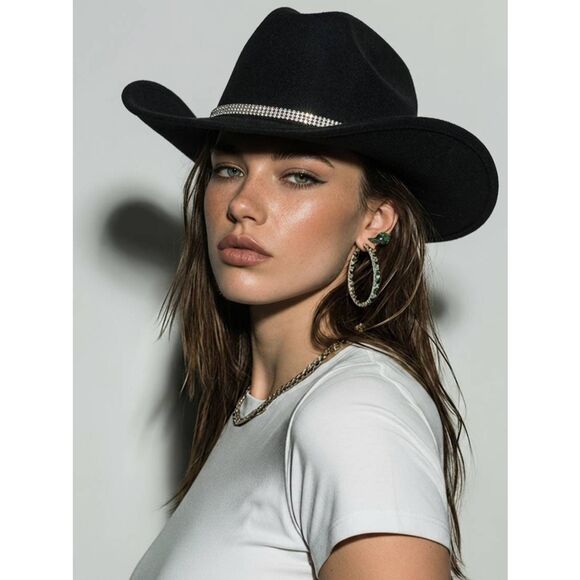 ☔️?Black & Rhinestone Band Wide Brim Cowgirl Hat Medium main image 5